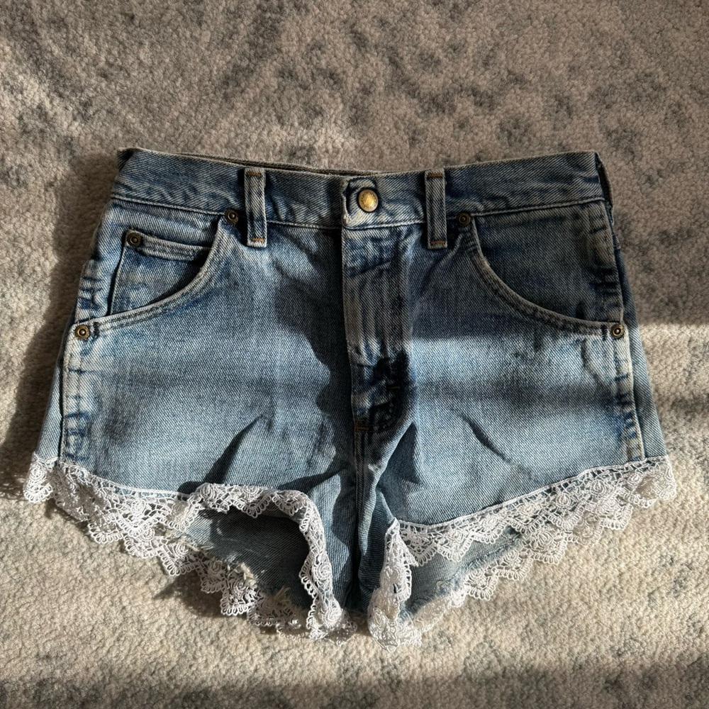 High Waist Denim Shorts with Lace Trim